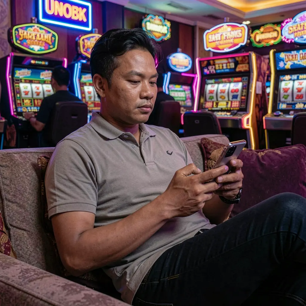 Confident Filipino player browsing casino games on the JJJJPH app with glowing slot machines and neon lights creating an exciting mobile gaming mood