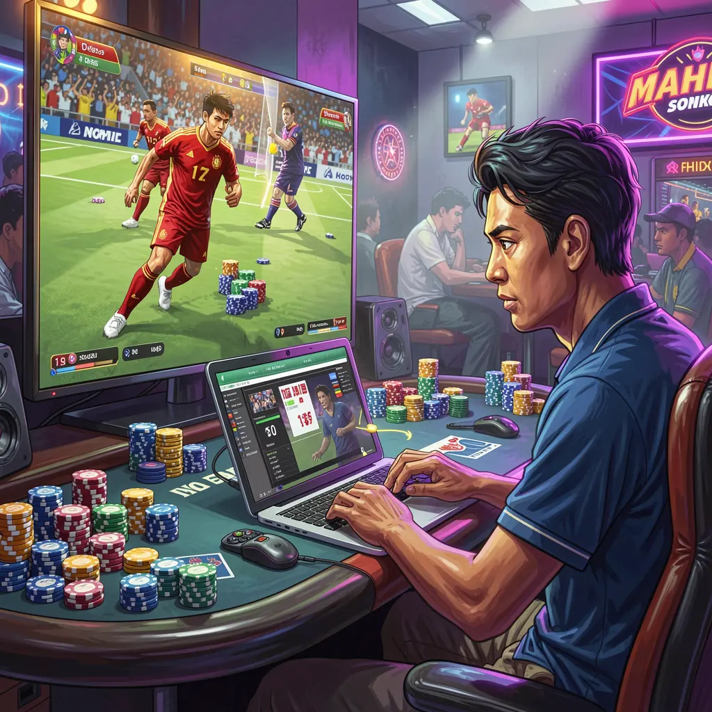 Focused Filipino sports bettor analyzing live football odds on a laptop while following the match on TV using the JJJJPH platform