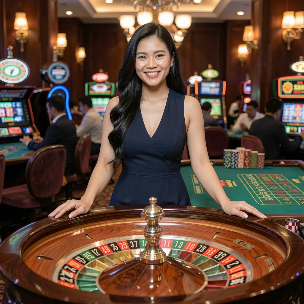 Friendly female casino dealer standing at a modern roulette table with vibrant lighting representing the immersive live casino experience at JJJJPH for players in the Philippines