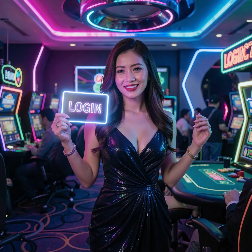 Stylish Filipino woman holding a glowing login card in a vibrant neon casino environment representing secure access at JJJJPH